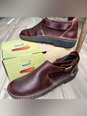 Naot Malta ankle boot brown oiled leather side buckle strap thick rubber sole
